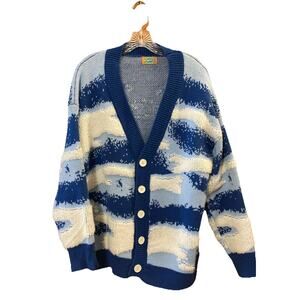 YWFG 3-D Cardigan Men’s Sz M Blue White Cloud Camo Hip-Hop Grandpa Sweater Soft